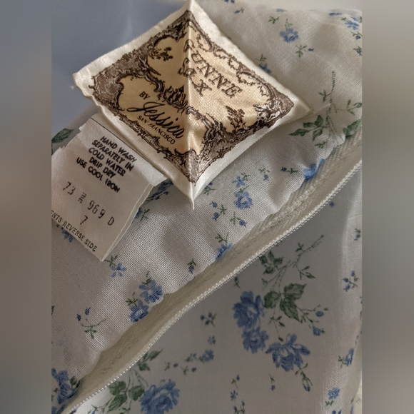 Gunne Sax White Sheer Pillow Sleeve Corset Lace Up Blue Floral Prairie Dress - Picture 8 of 16